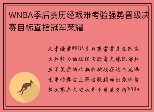 WNBA季后赛历经艰难考验强势晋级决赛目标直指冠军荣耀