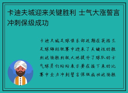 卡迪夫城迎来关键胜利 士气大涨誓言冲刺保级成功