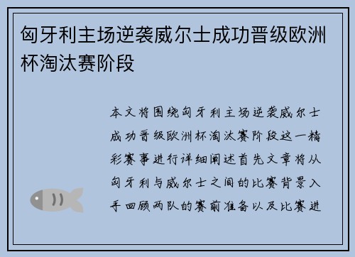 匈牙利主场逆袭威尔士成功晋级欧洲杯淘汰赛阶段 匈牙利主场逆袭威尔士成功晋级欧洲杯淘汰赛阶段